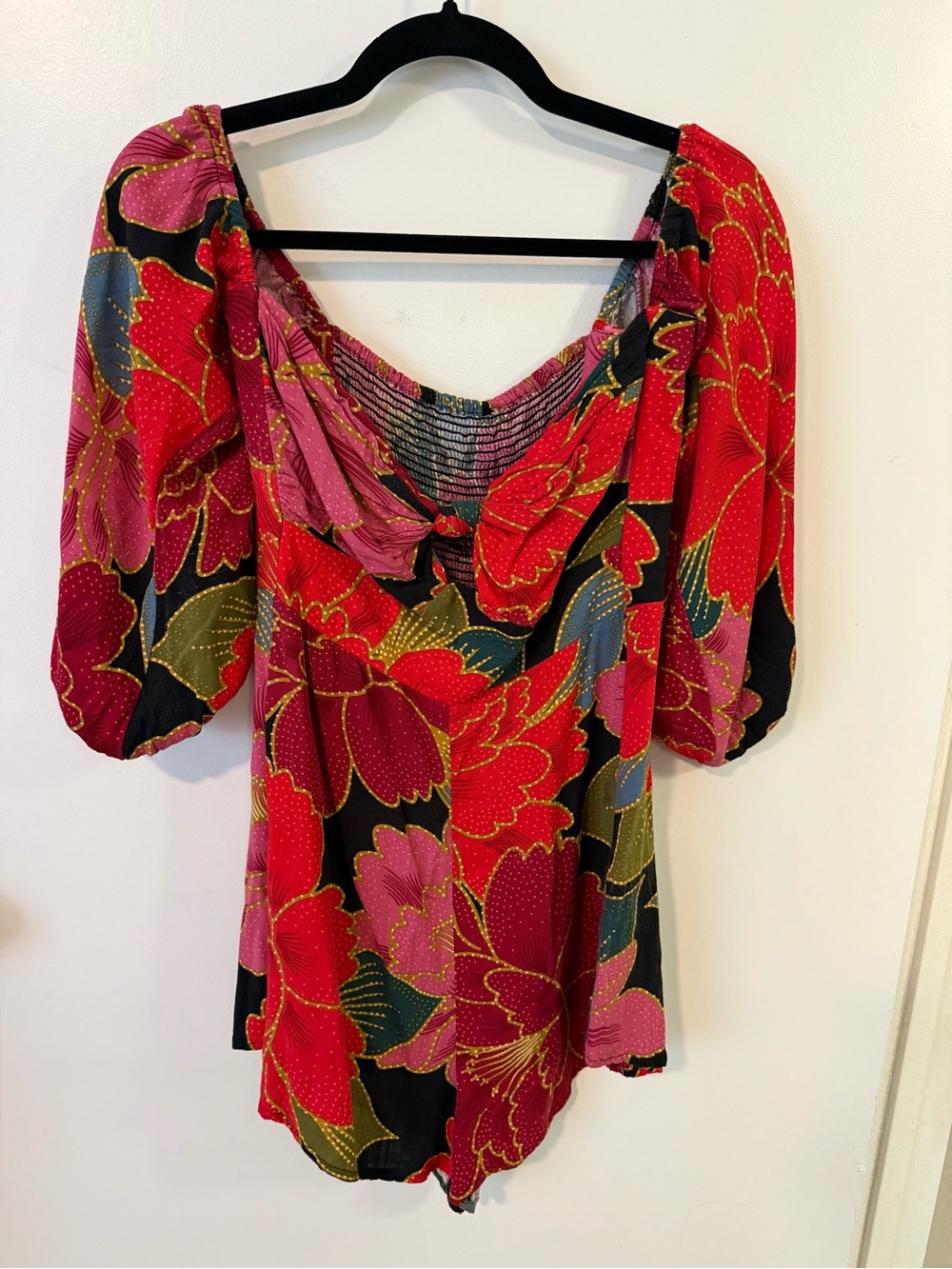 Farm Rio Floral Red Puff-Sleeve Romper